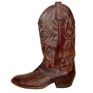VINTAGE Dan Post Distressed Brown Leather Lizard Skin Western Cowboy Boots